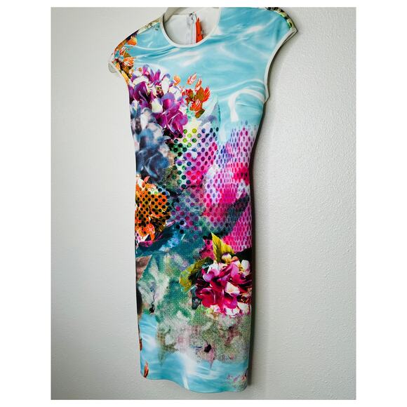 Clover Canyon Pool Flower Neoprene MultiColor Aqua Bodycon Dress XS - Picture 2 of 12